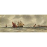 William Cannon 1900 - Off Deal, ships on rough seas, watercolour, inscribed label verso, mounted,