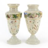 Matched pair of 19th century Continental opaline glass vases, hand painted with flowers and
