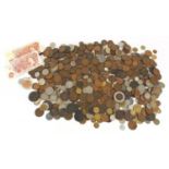 Antique and later British and world coinage and bank notes including Victorian pennies and two ten