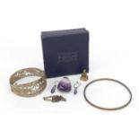 Antique and later jewellery including a gilt metal citrine fob, amethyst pendant, earrings and a