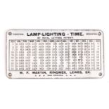 Lamp lighting time perpetual indicator enamel plaque by Royal Letters Patent, 15cm x 7.5cm :For