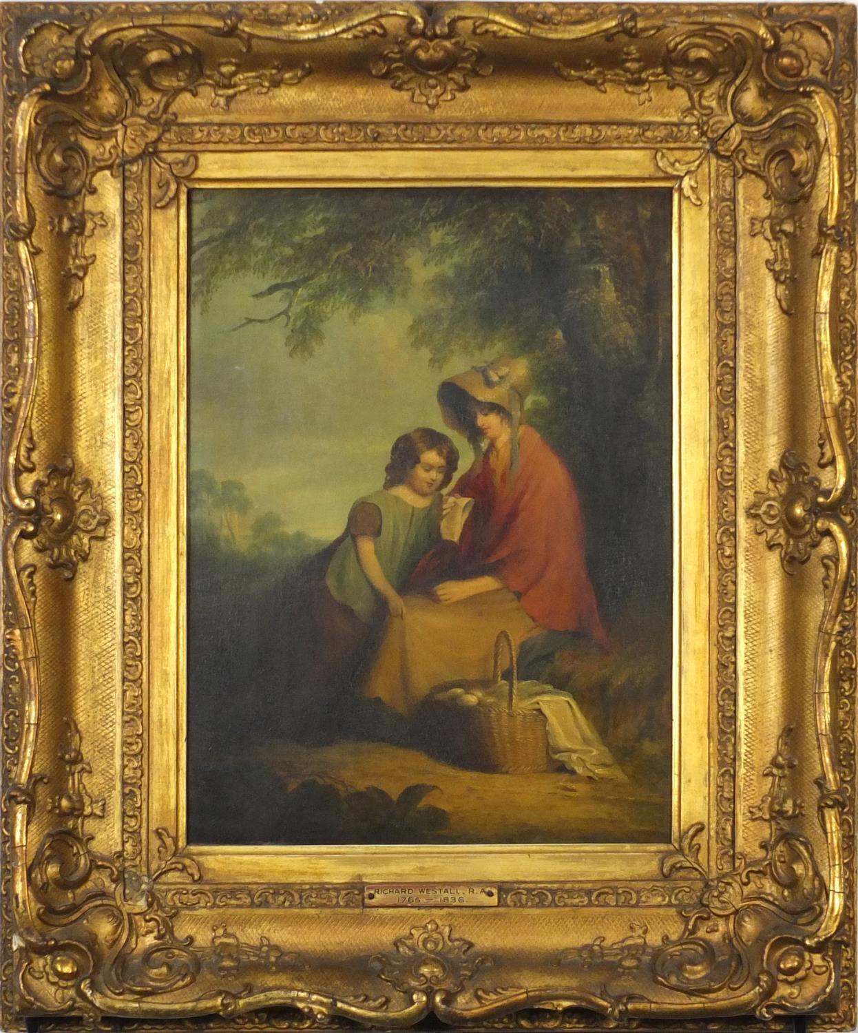 Attributed to Richard Westall RA - Mother and child in a landscape, 19th century oil on canvas, - Image 2 of 4