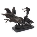 Large patinated bronze group of a figure in a horse drawn chariot, 37cm H x 61cm W x 20cm :For