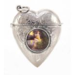 Silver love heart shaped vesta with enamelled risque female plaque, 4cm high, 19.6g :For Further