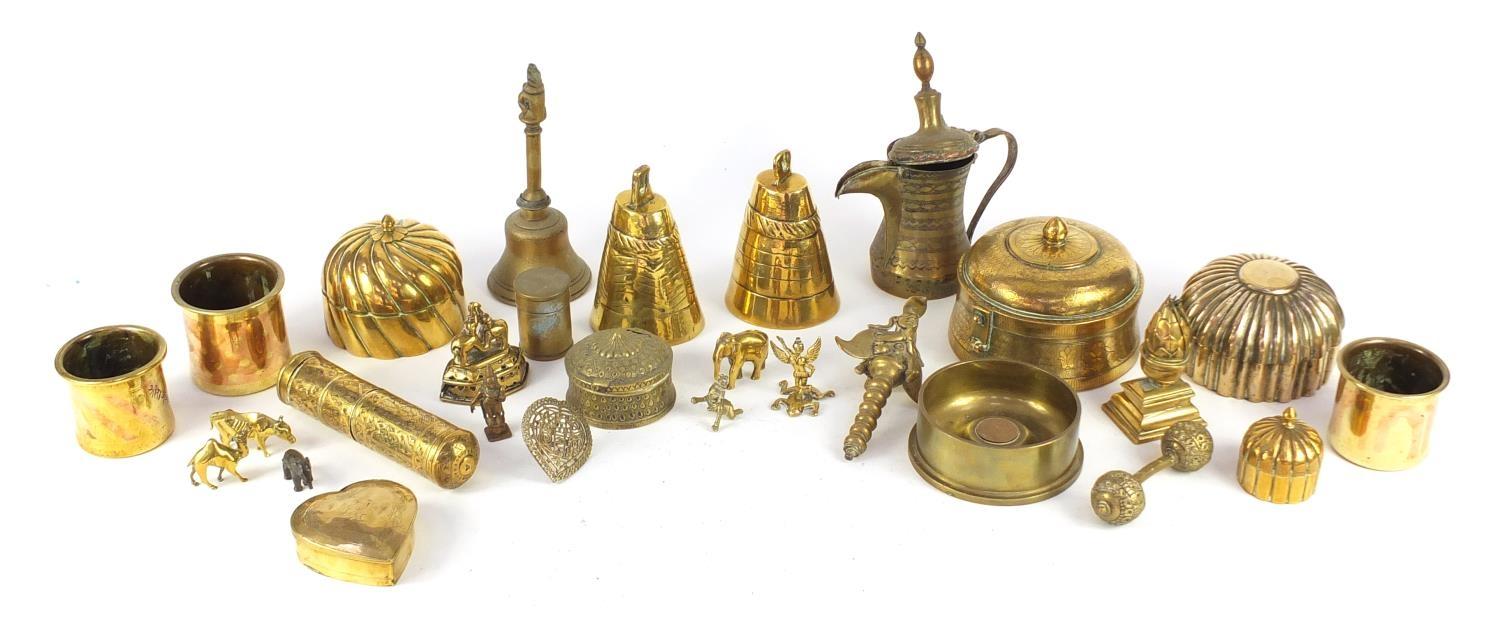Antique and later metalware including Koran holder, boxes with covers, Indian spice boxes, trench