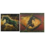 Abstract horses, two oil on boards, bearing a signature Lafitte, each framed, the largest 55cm x