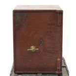 Brown cast iron safe with brass handle and key, 63.5cm H x 48cm W x 48cm D :For Further Condition