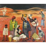 Water carriers, African school oil on board, mounted and framed, 59cm x 49cm :For Further