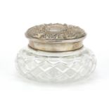 Elizabeth II circular cut glass jar with silver lid, by WI Broadway & Co, the lid embossed with