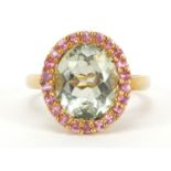 9ct gold green and pink stone ring, size P, 4.1g :For Further Condition Reports Please Visit Our