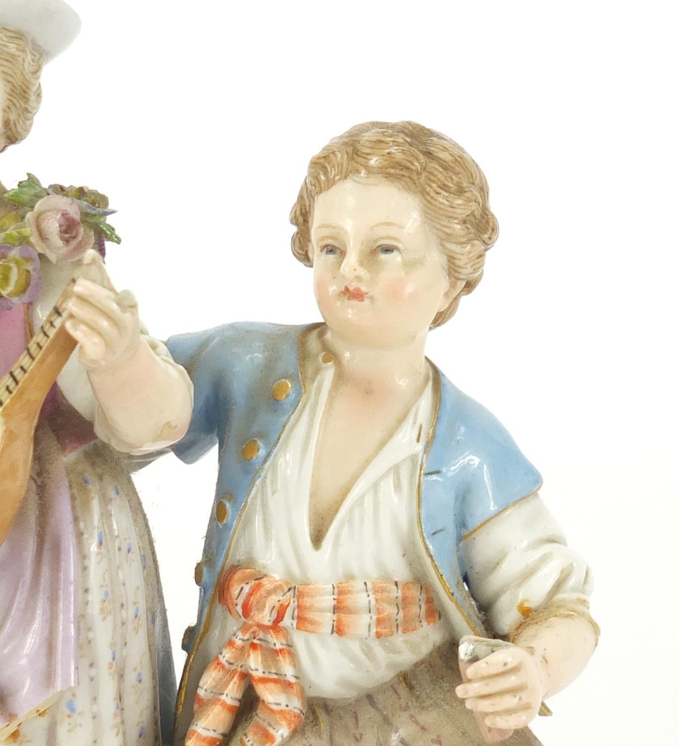 19th century Meissen figure group of a boy and girl playing a mandolin, blue cross sword marks and - Image 3 of 7