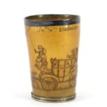 18/19th century horn beaker with silver plated mounts, carved with a stagecoach scene, inscribed Jon