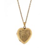 9ct gold necklace, 54cm in length, 3.4g and 9ct gold back and front love heart shaped locket, 3.