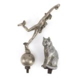 Two vintage car mascots in the form of a seated cat and winged Mercury, the largest 22cm high :For