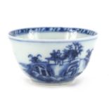 Chinese blue and white porcelain tea bowl from the Nanking cargo, hand painted with a landscape,