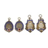 Four silver and enamel sporting jewels comprising two London Postal Football League and two Wilson