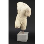 Modernist plaster torso of male, impressed RU-88 AK to the reverse, raised on a square block base,
