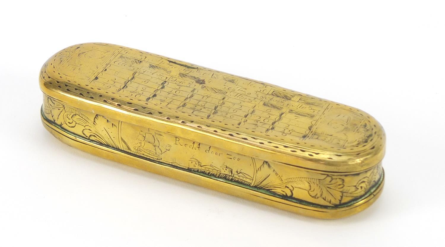 18th century Dutch seaman's brass tobacco box of Pieter Holm, 16cm wide :For Further Condition