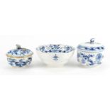 Two Meissen porcelain sugar bowls and covers hand painted in the Blue Onion pattern both with floral