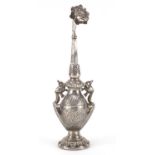 Anglo-Indian unmarked silver rosewater sprinkler with mythical bird handles, 23.5cm high, 147g :