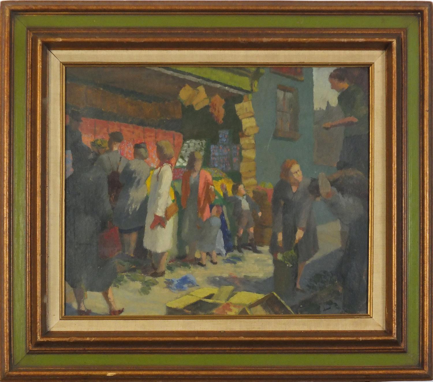 Market scene, Impressionist oil on board, mounted and framed, 49cm x 40cm :For Further Condition - Image 2 of 3