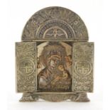 19th century Russian Orthodox silver plated travelling icon with two doors opening to reveal a panel
