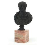 Bronzed bust of a classical male, raised on a square marble base, 20cm high :For Further Condition