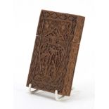 Good Chinese Canton sandalwood card case, finely carved with a vase motif enclosing figures