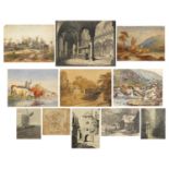 Antique and later paintings and prints including coastal watercolours, each unframed, the largest
