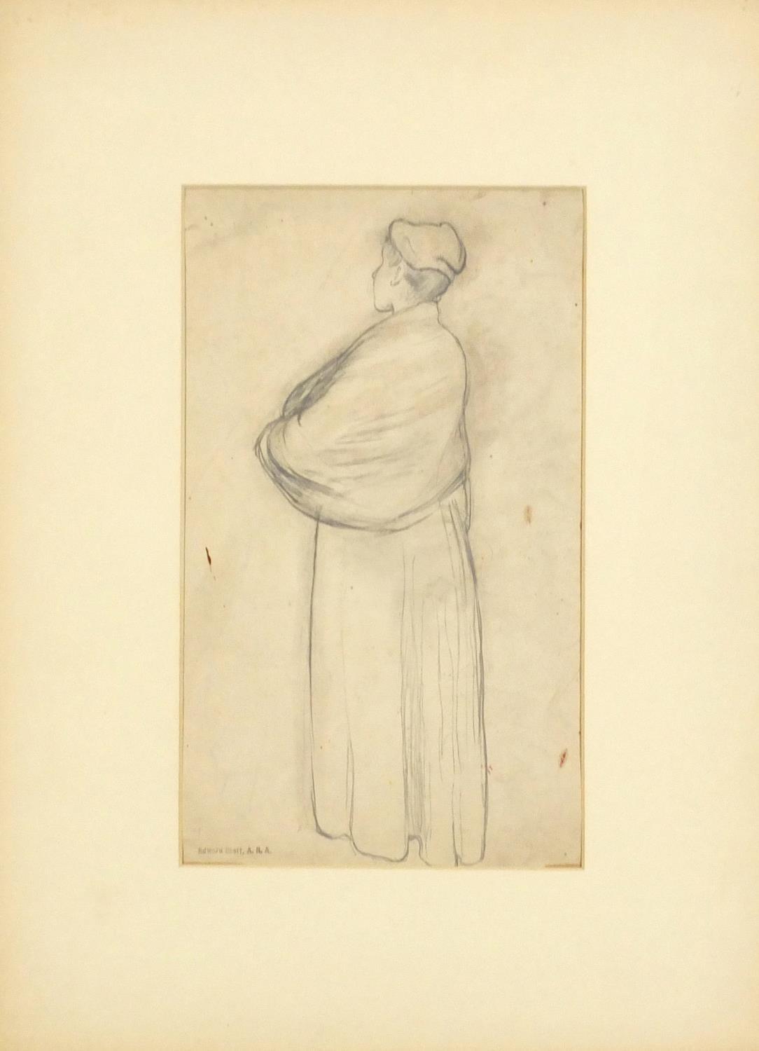 Edward Stott ARA - Standing female, pencil on paper, inscribed verso, mounted, unframed, 35.5cm x - Image 2 of 5