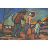 Manner of Gerard Sekoto - Family of three, African school oil on board, framed, 39cm x 26.5cm :For