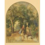 H L Holding 1857 - Mother and daughters by a pond, 19th century watercolour, mounted, framed and