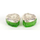 Pair of sterling silver and green glass love heart shaped boxes, each 2cm high :For Further