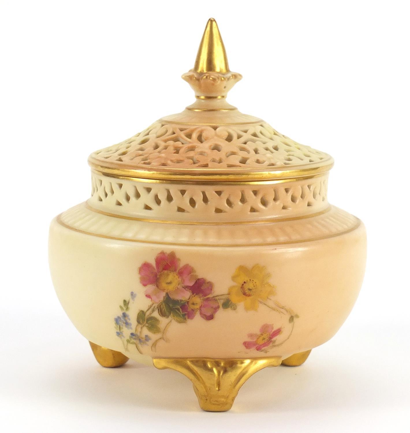 Royal Worcester blush ivory potpourri vase with pierced lid, decorated with flowers, numbered 120, - Image 3 of 7