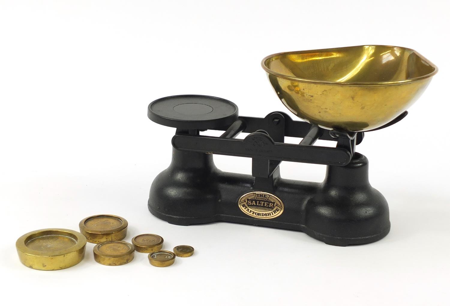 Vintage Salter kitchen scales with brass pan and weights, 32cm wide :For Further Condition Reports - Image 6 of 7