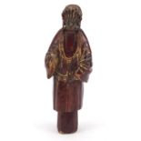 Antique Chinese red lacquered carved wood carving of a female wearing a robe, 27cm high :For Further