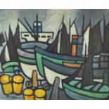 Manner of Markey Robinson - Harbour with moored fishing boats, Irish school oil on board, framed,