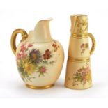 Two Royal Worcester blush ivory jugs including one with tapering body, each decorated with