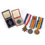 British military World War I trio with Royal Life Saving Society medallion and silver jewel, the