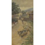 Richmond - Shepherd with flock of sheep, oil on canvas, Edwin Viner label verso, mounted and framed,