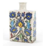 Antique Tuskish Iznik pottery flask, hand painted with flowers, 16cm high :For Further Condition