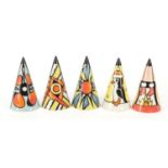 Five Lorna Bailey conical sifters, hand painted with flowers, penguins and Santa Claus, limited