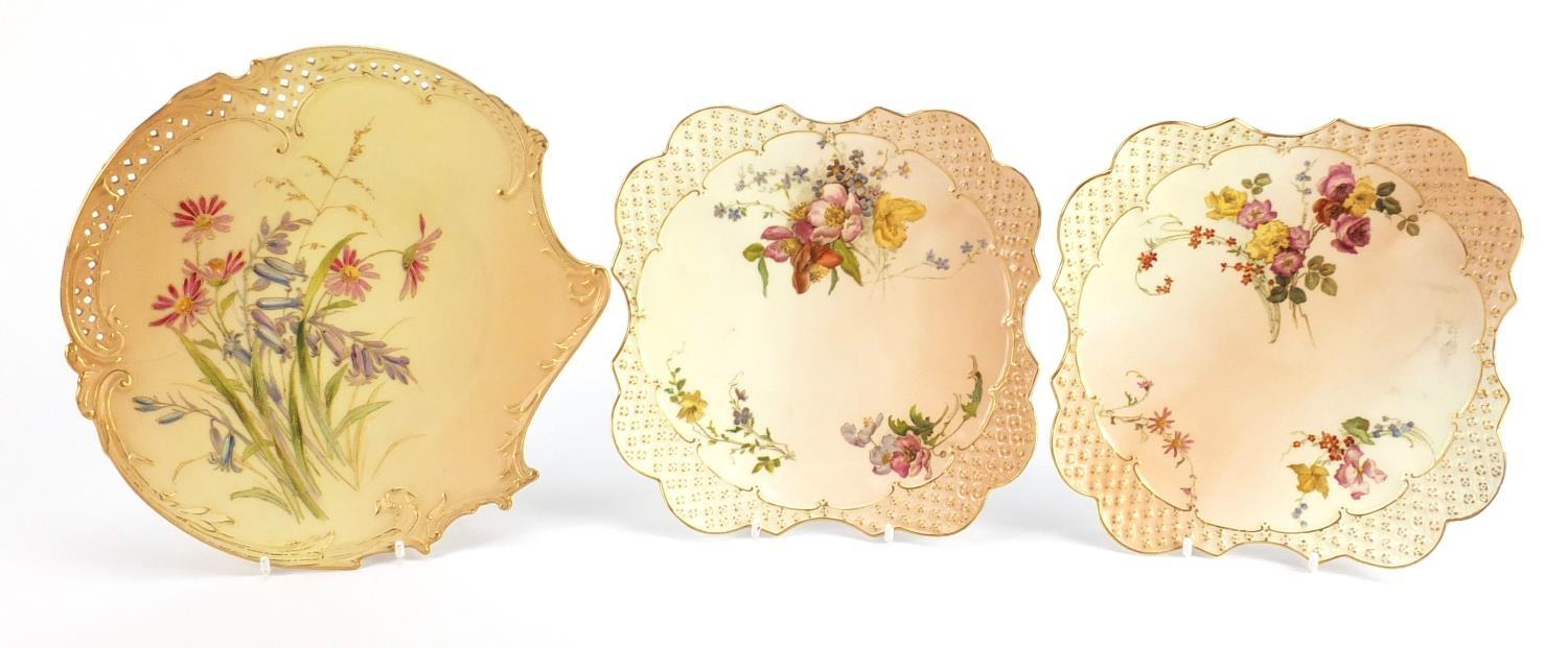 Royal Worcester blush ivory comprising three plates, bud vase and ewer, each decorated with flowers, - Image 12 of 13