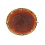Victorian unmarked gold and agate brooch, (tests as 9ct gold) 5cm wide, 16.0g :For Further Condition