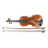 Old wooden violin with two bows having mother of pearl frogs and a George Withers & sons case, the