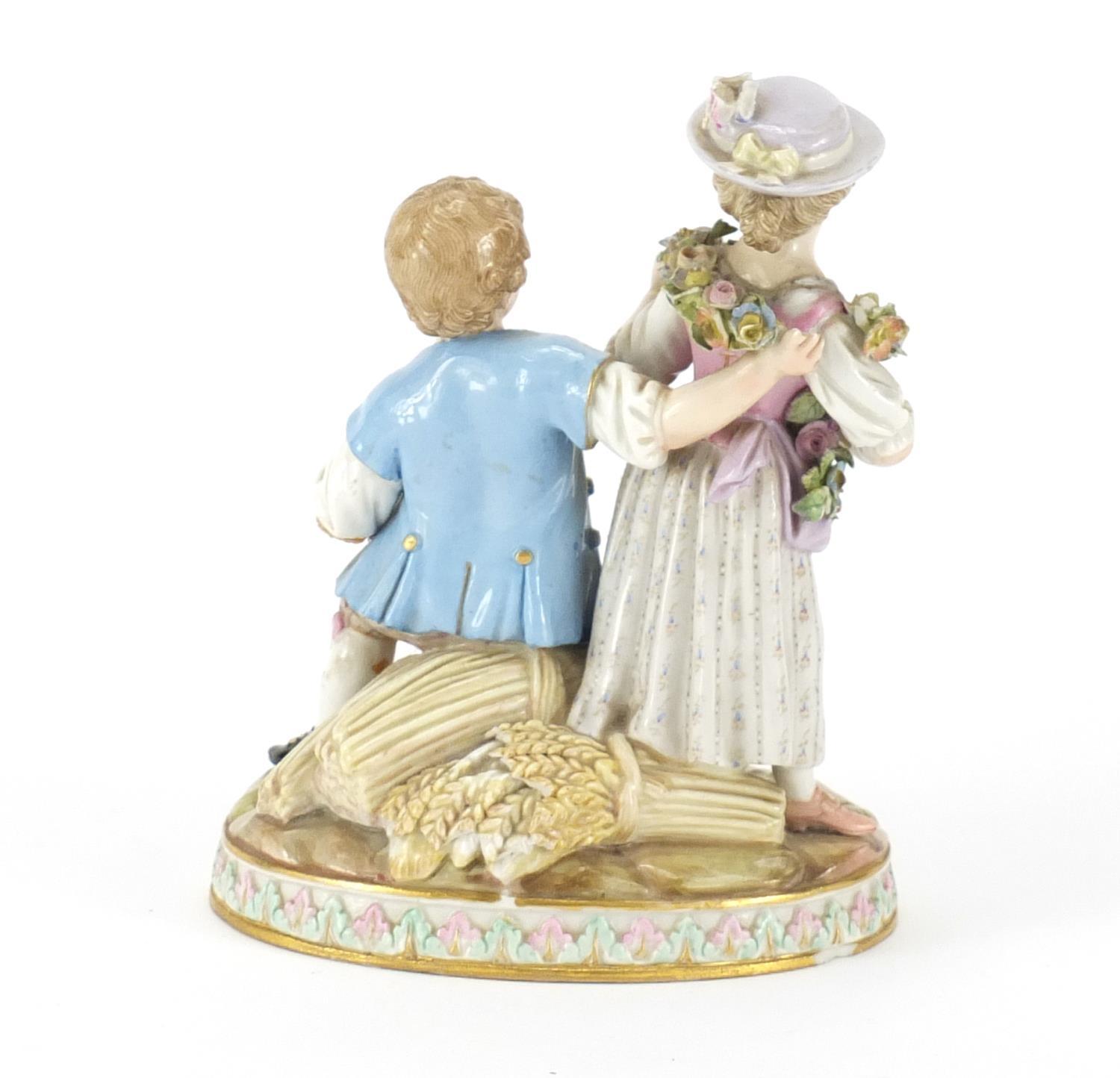 19th century Meissen figure group of a boy and girl playing a mandolin, blue cross sword marks and - Image 4 of 7