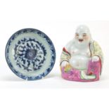Chinese porcelain happy Buddha and blue and white porcelain dish, the largest 17cm high :For Further