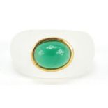 Chinese crystal ring with unmarked gold and cabochon jade setting, size M :For Further Condition