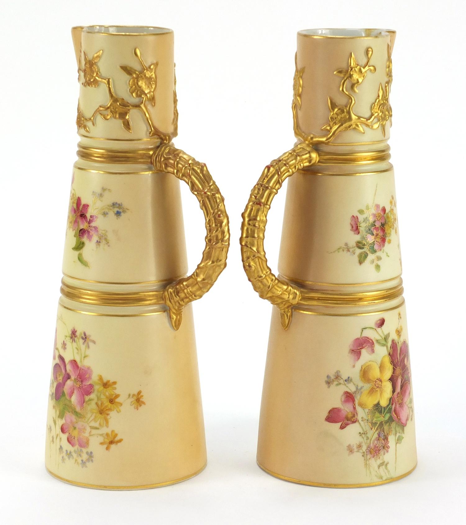 Pair of Royal Worcester blush ivory jugs with tapering bodies, each hand painted and gilded with - Image 2 of 8