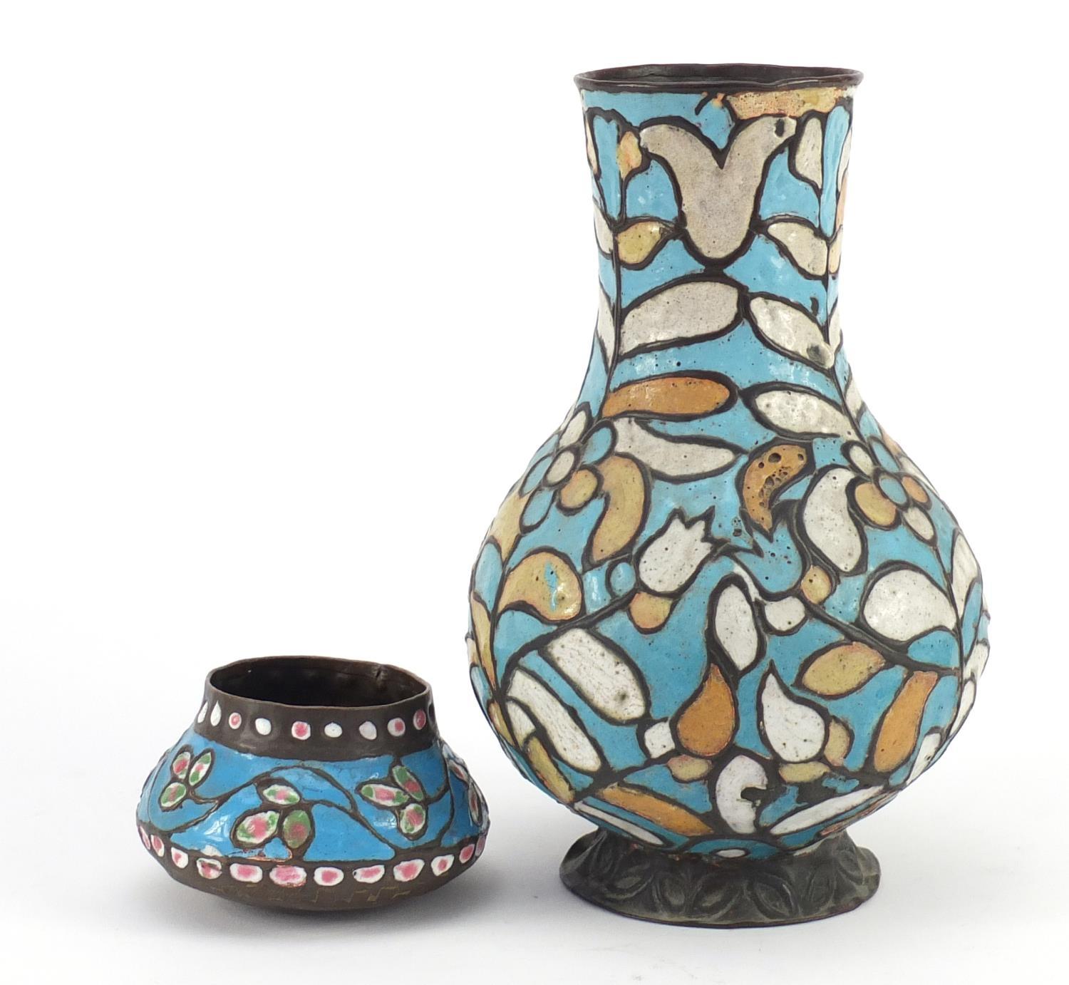Syrian copper and enamel vase decorated with flowers and a similar small pot, the largest 24cm - Image 4 of 6